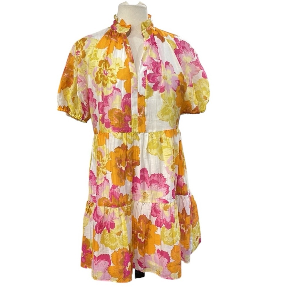 CeCe Tiered Split Ruffle Collar V Neck Baby Doll Floral Dress SZ M Pink Yellow - Picture 4 of 9